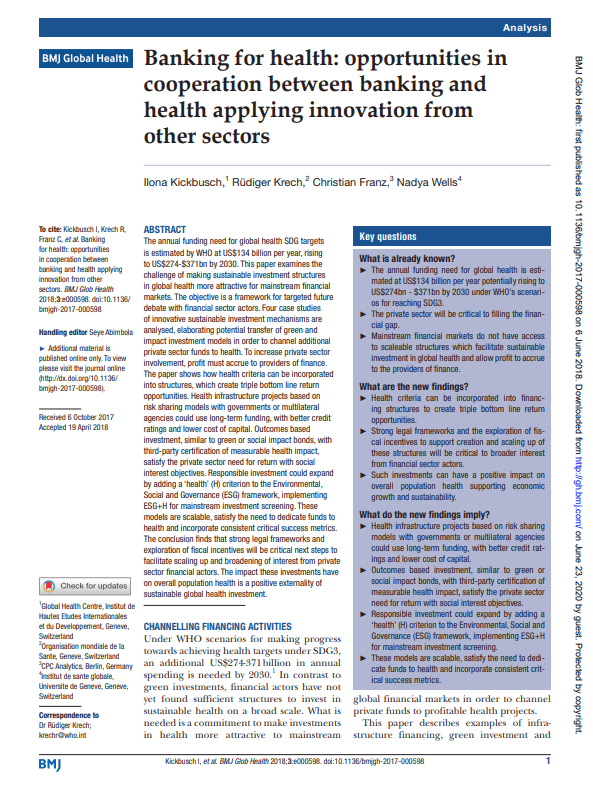 Banking for health - opportunities in cooperation between banking and health applying innovation from other sectors