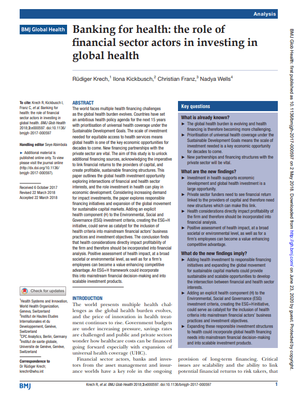 Banking for health - the role of financial sector actors in investing in global health
